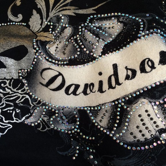 Harley Davidson Long Top Tunic Small Black Gray Silver 3\4 Sleeve Rhinestones - Picture 7 of 9